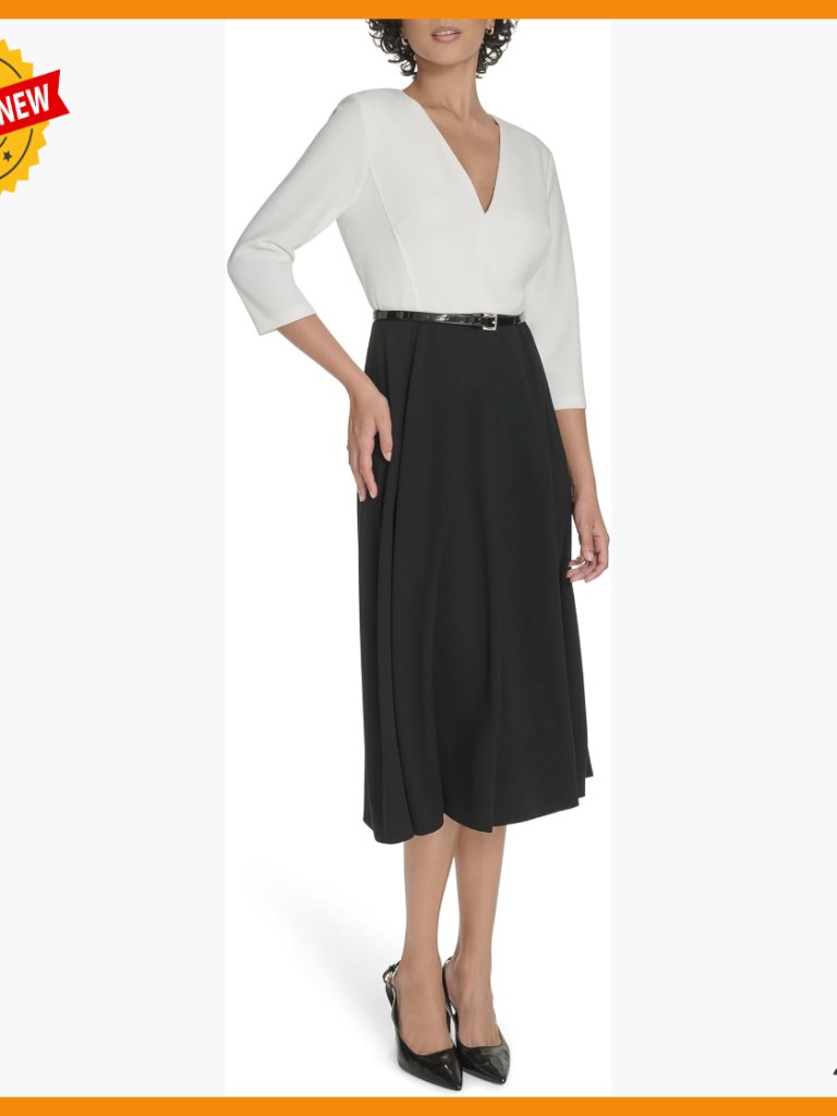 Long Sleeve V-Neck Midi Dress With Faux Leather Belt, Work To Dinner